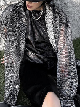 Buy black Mens Harajuku Mesh Casual Loose Shirt