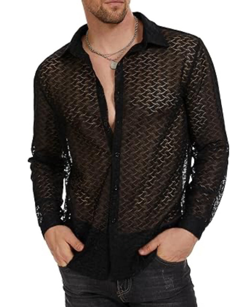 Mens Sexy See-Through Casual Long-Sleeved Shirt