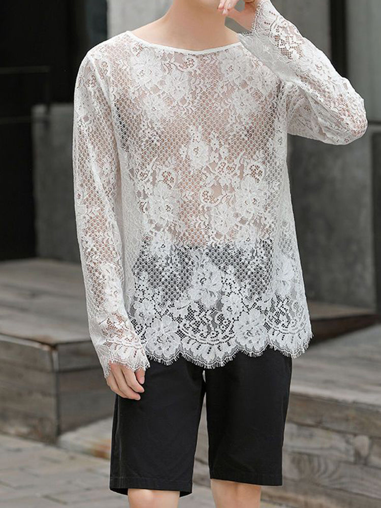 Men's solid color hollow see through sexy lace T-shirt