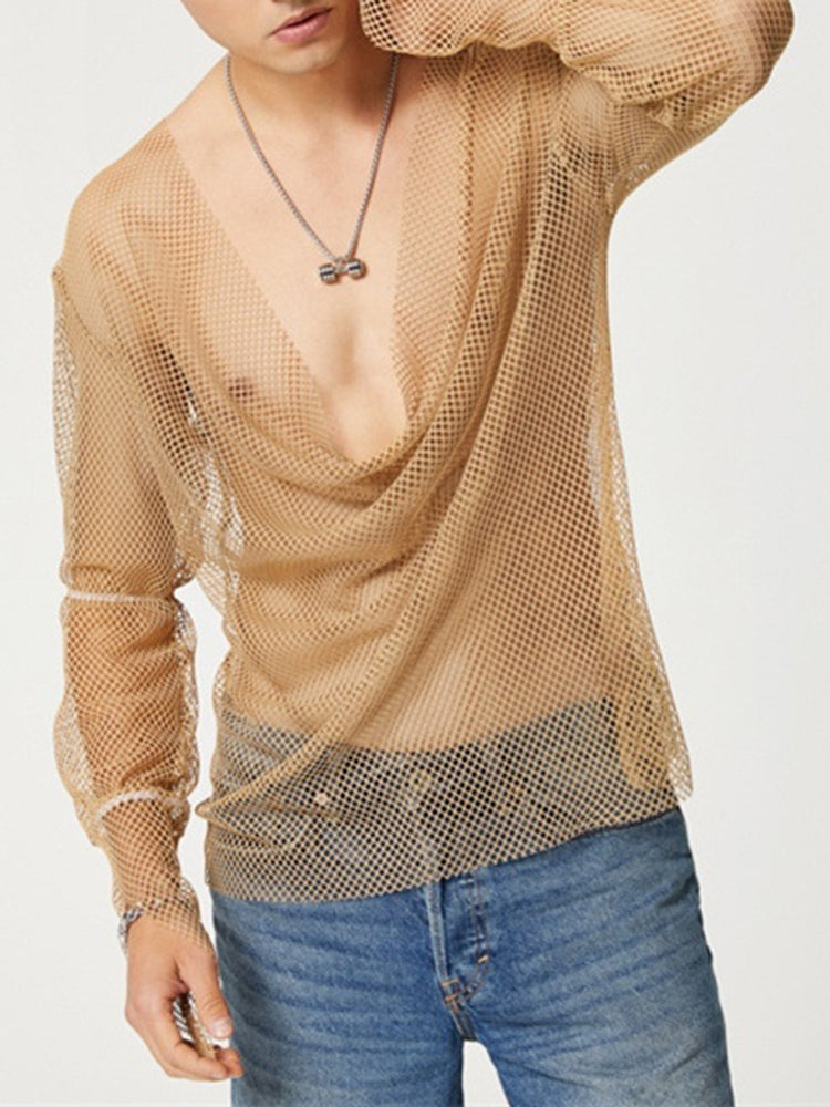 Mens Sexy See-Through Mesh  Low-Cut  Long-Sleeve