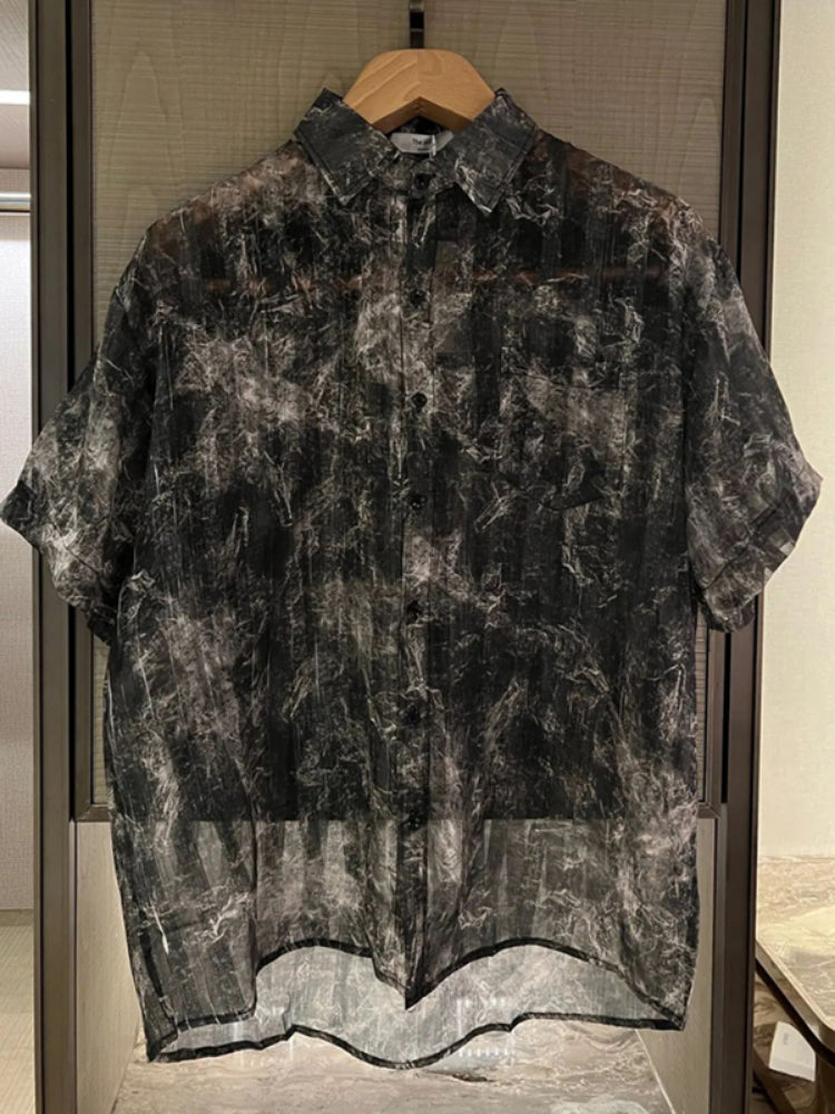 Men Striped See-Through Tie-Dye Mesh Short-Sleeve Casual Shirt