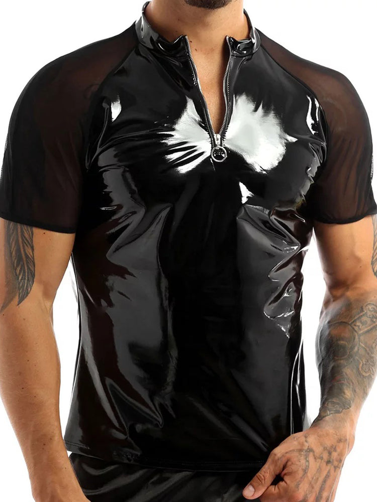 Men's Sexy Glossy PVC Leather See-Through Shirt