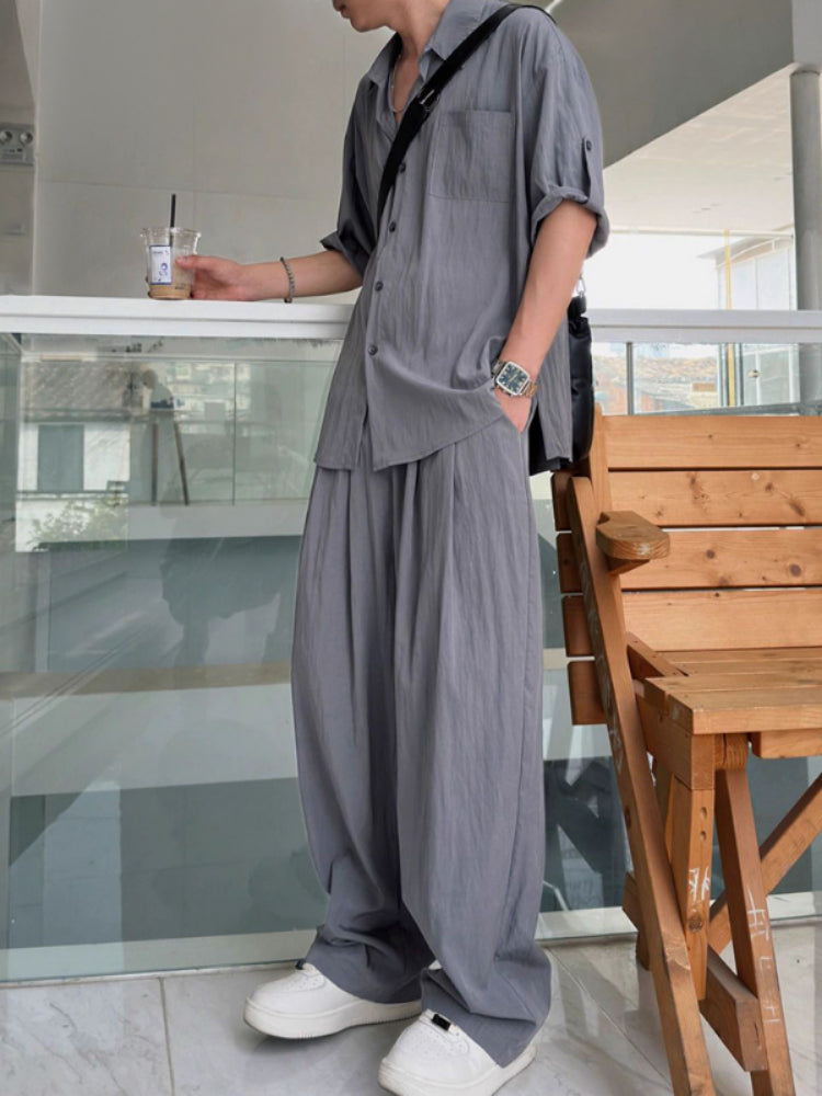 Mens Casual Light Shirt Wide Leg Pants 2024 New Genderless Two-Piece Unisex