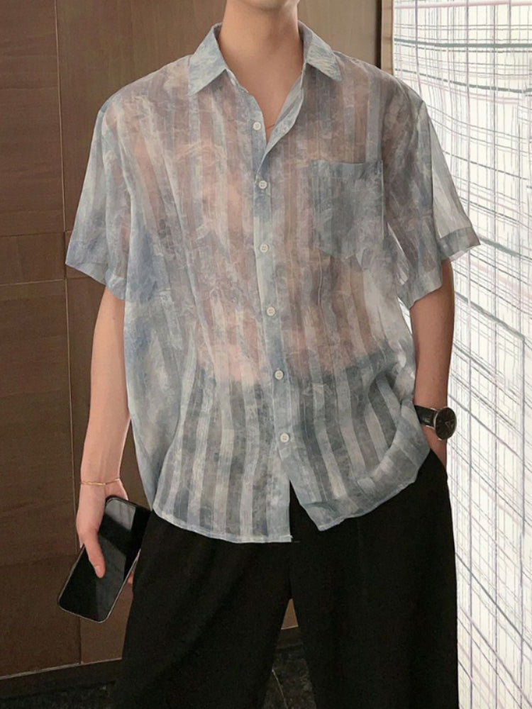 Men Striped See-Through Tie-Dye Mesh Short-Sleeve Casual Shirt