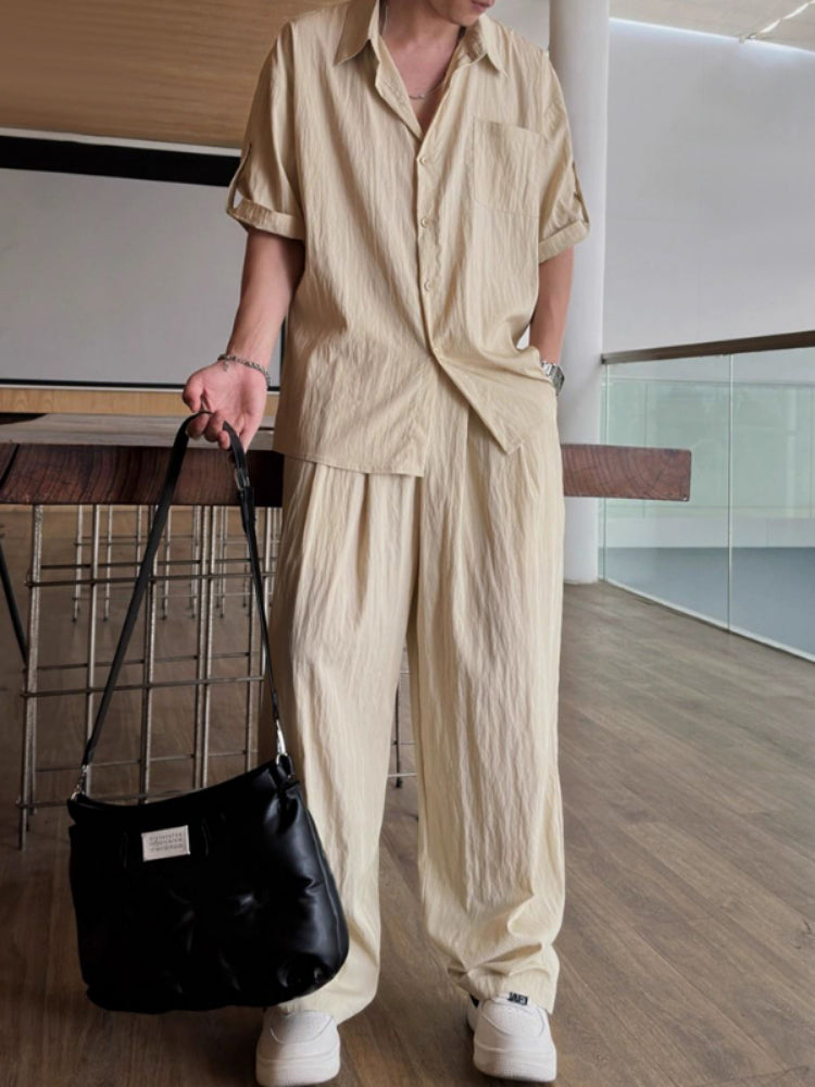 Mens Casual Light Shirt Wide Leg Pants 2024 New Genderless Two-Piece Unisex