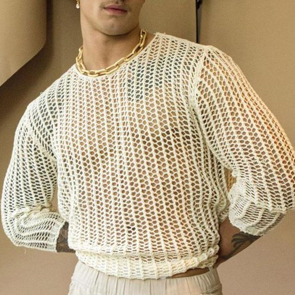 Comprar white Men&#39;s hollow fashion sexy mesh see-through T-shirt