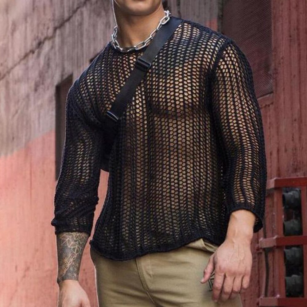 Comprar black Men&#39;s hollow fashion sexy mesh see-through T-shirt