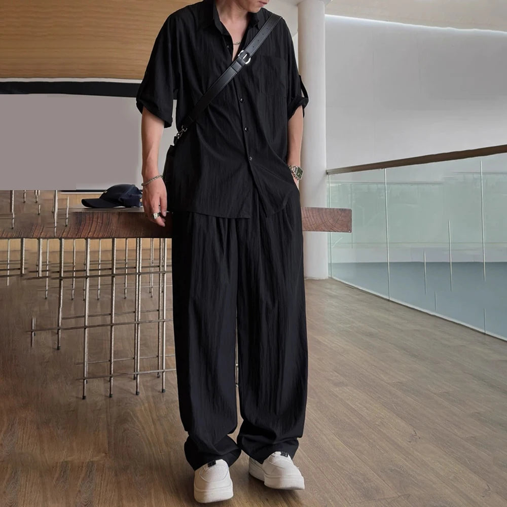 Comprar black Mens Casual Light Shirt Wide Leg Pants 2024 New Genderless Two-Piece Unisex