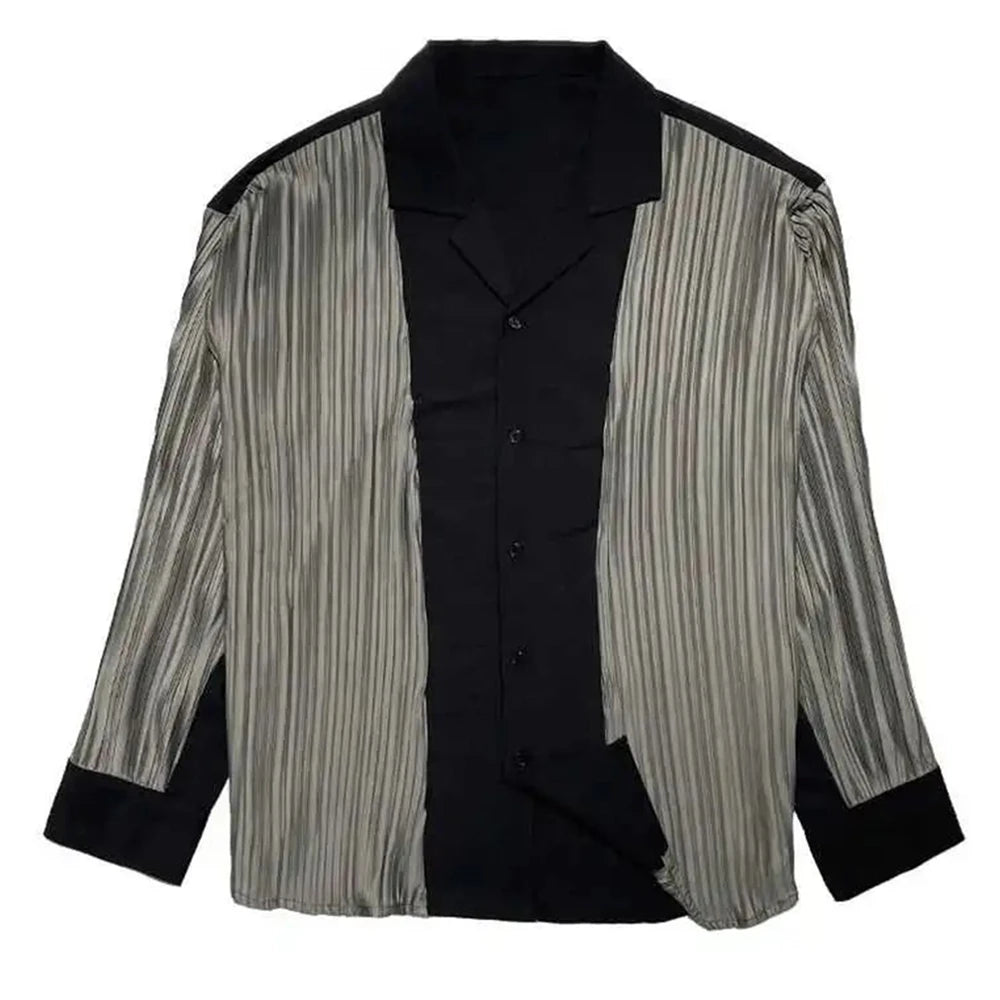 Mens Patchwork Contrasting Pleated  Genderless Long-Sleeved Shirt