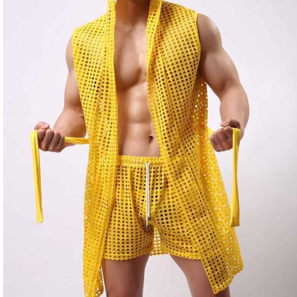 Comprar yellow Men&#39;s see through sexy pajamas robe