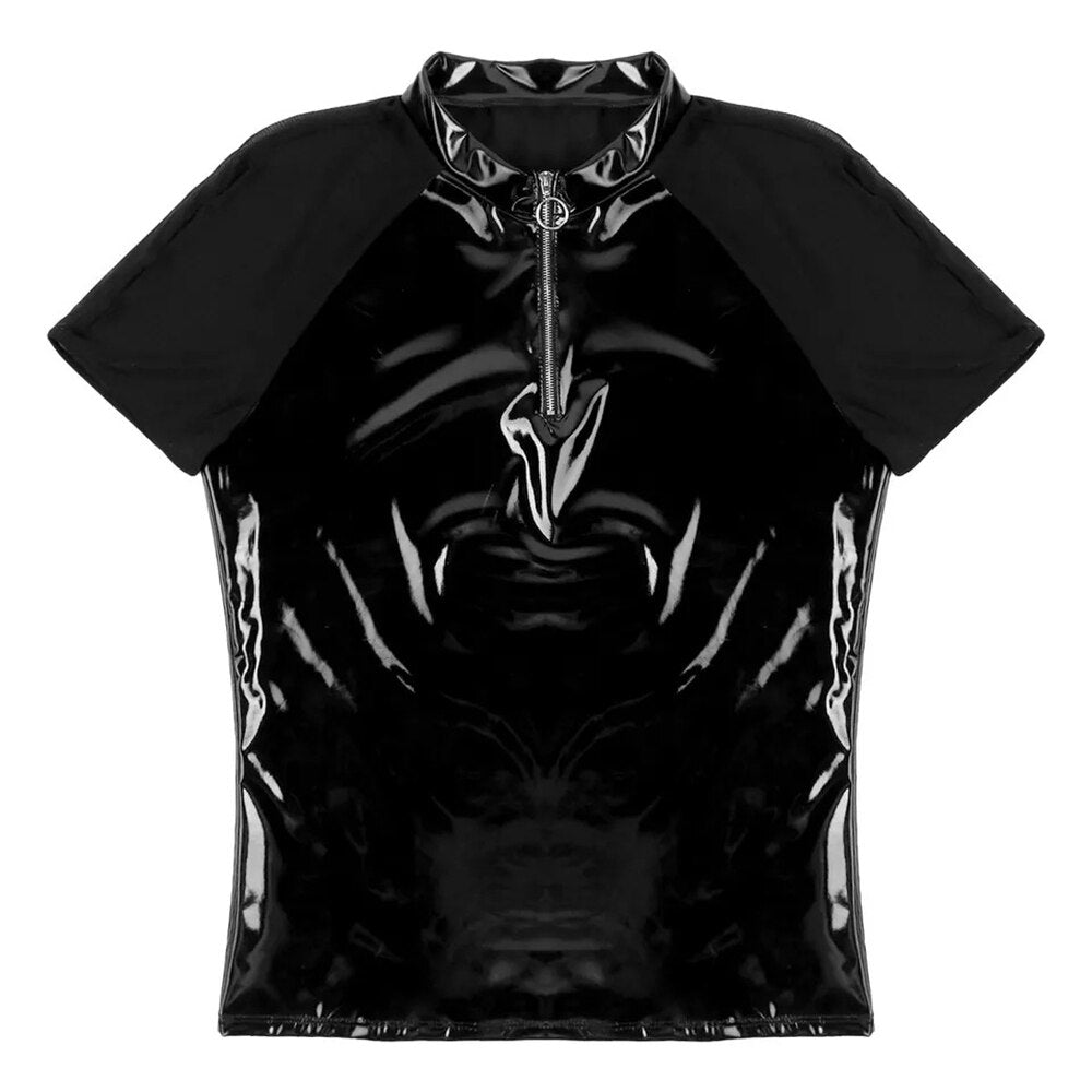 Men's Sexy Glossy PVC Leather See-Through Shirt