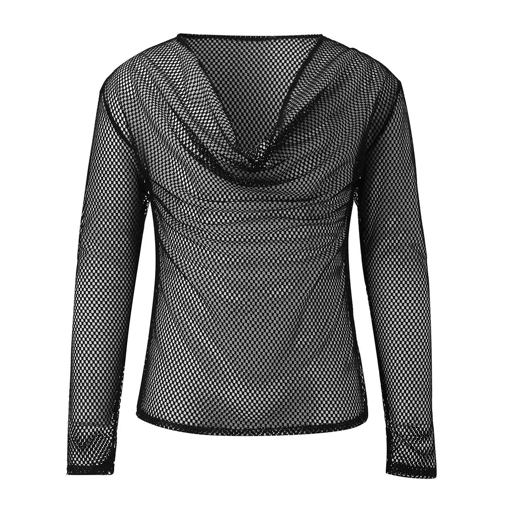 Comprar black Mens Sexy See-Through Mesh Long-Sleeved Top 2024 New Genderless Nightclub Individuality Youthful Thin Low-Cut T-Shirt Unisex