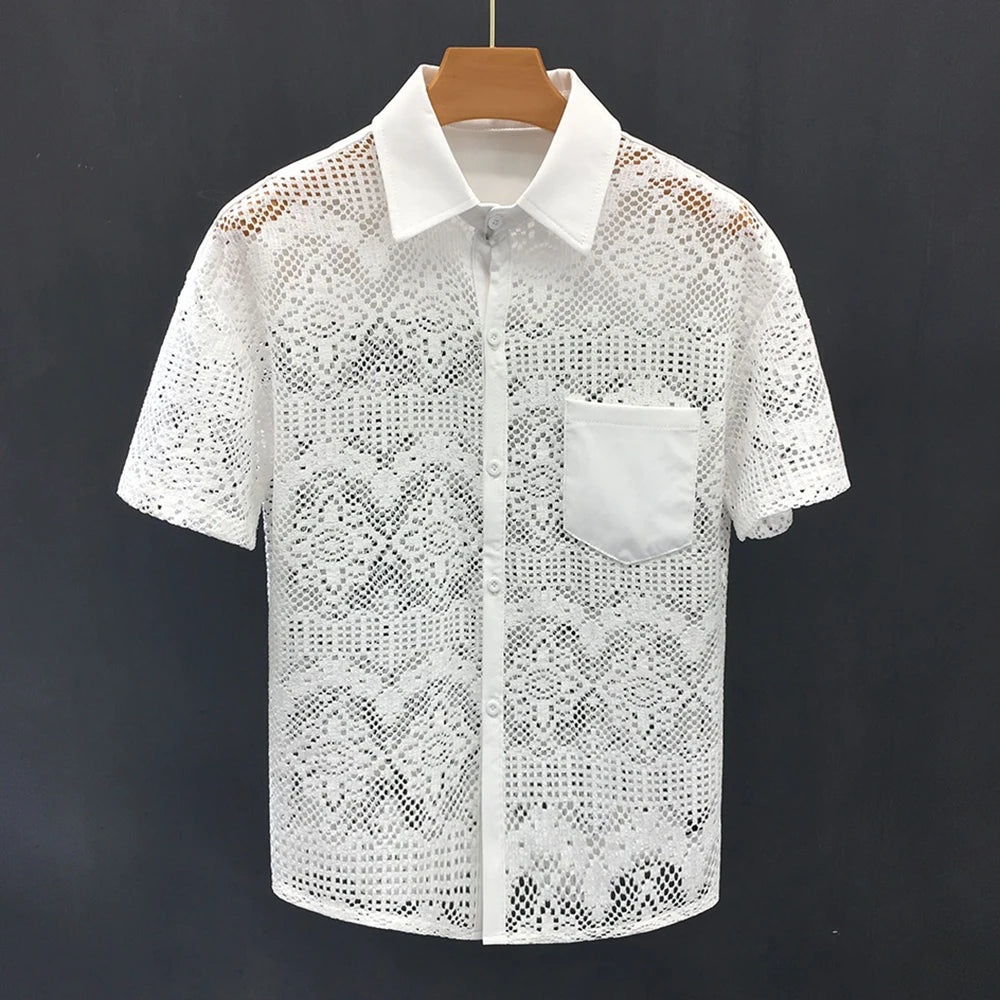 Comprar white Mens Hollow Sexy Lace Short  See-Through  Shirt