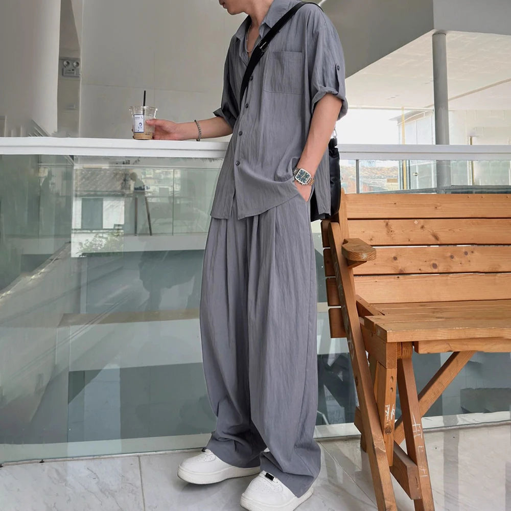 Comprar grey Mens Casual Light Shirt Wide Leg Pants 2024 New Genderless Two-Piece Unisex