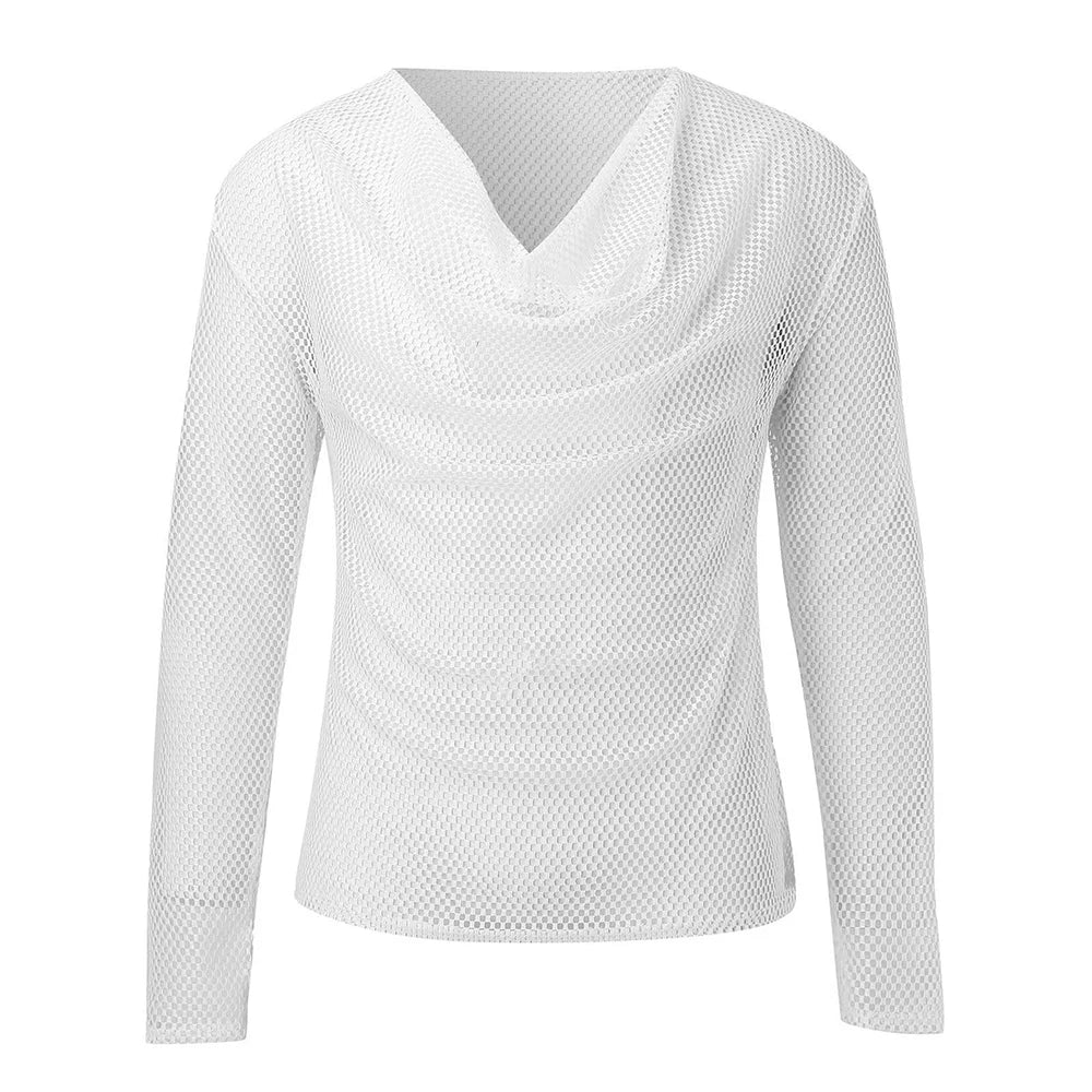 Comprar white Mens Sexy See-Through Mesh Long-Sleeved Top 2024 New Genderless Nightclub Individuality Youthful Thin Low-Cut T-Shirt Unisex