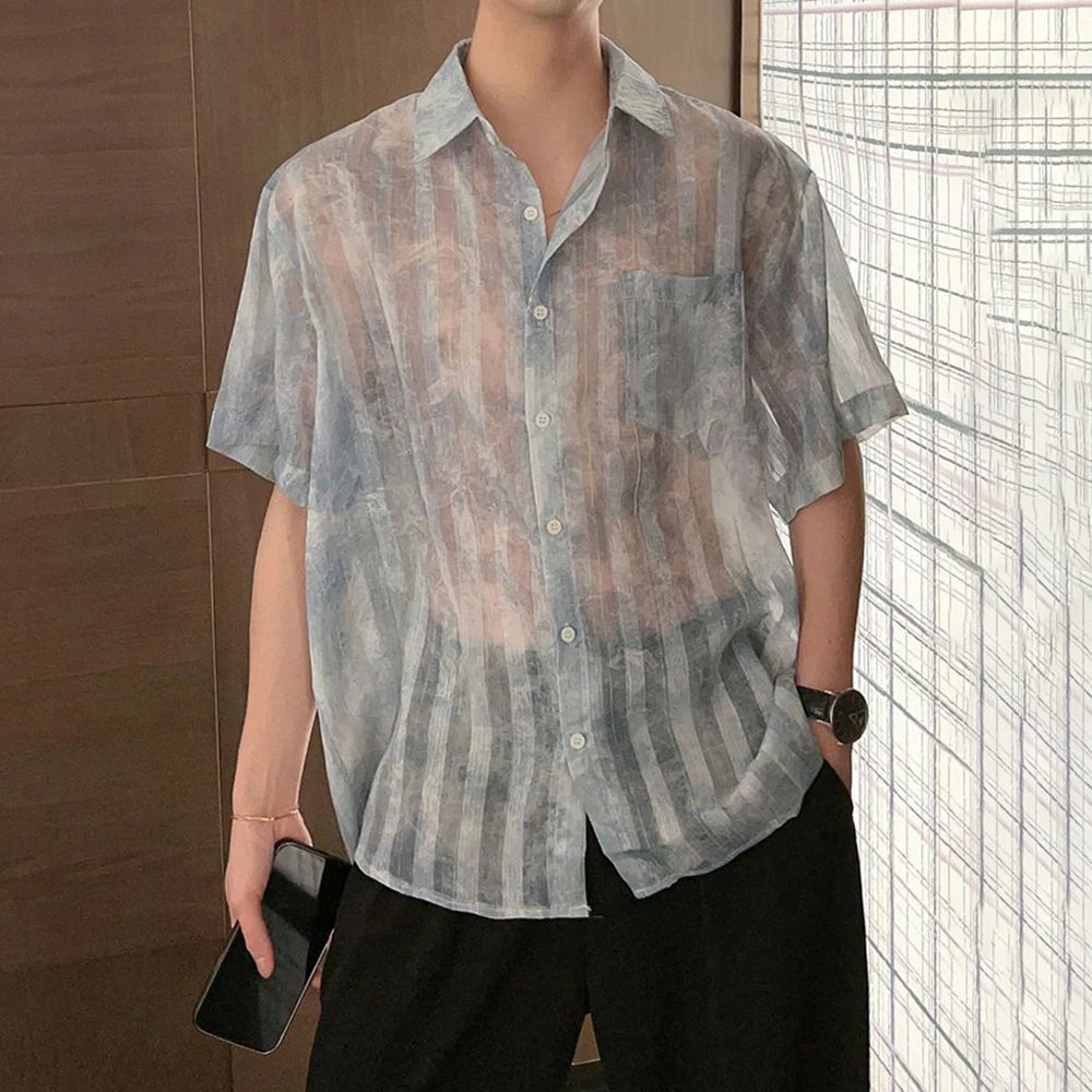 Comprar blue Men Striped See-Through Tie-Dye Mesh Short-Sleeve Casual Shirt