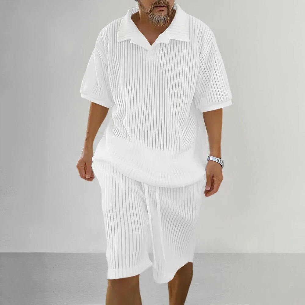 Comprar white Mens Casual Knitted Short-Sleeved Shirt Shorts Vacation Two-Piece Set Unisex