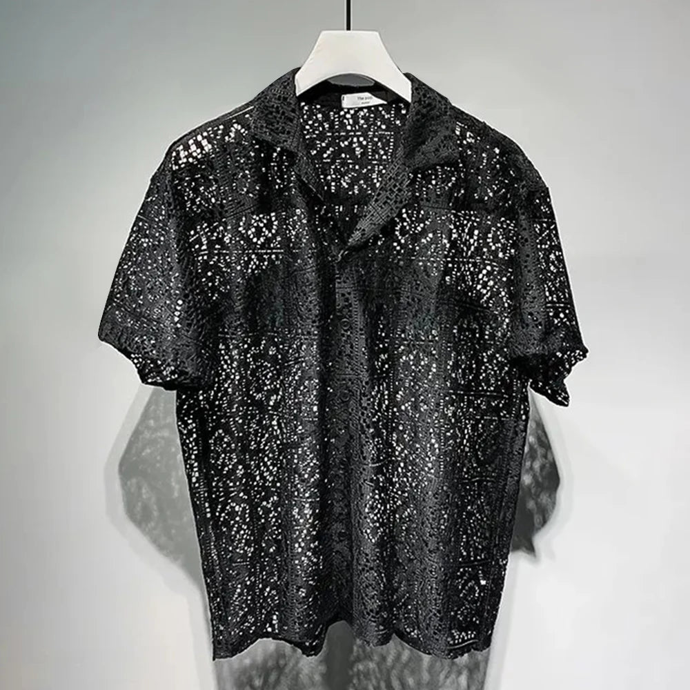 Comprar black Mens See-Through Hollow Short-Sleeve Casual Shirt