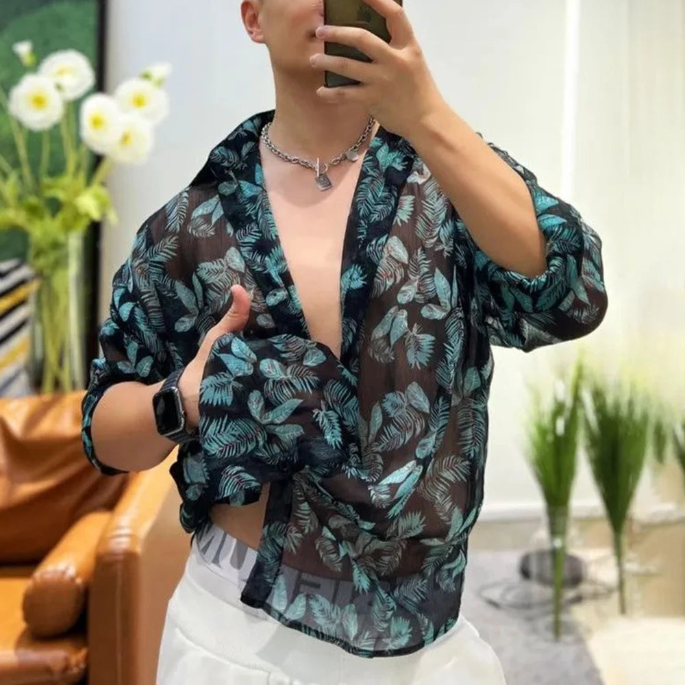 Mens Sexy Floral Mesh See-Through Casual Long-Sleeved Shirt