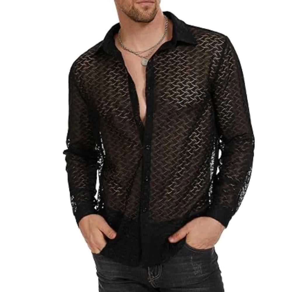 Comprar black Mens Sexy See-Through Casual Long-Sleeved Shirt