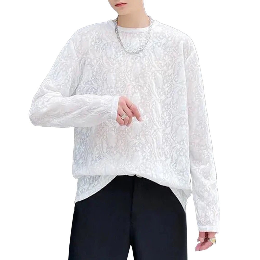 Mens Sexy See-Through Lace Floral Long-Sleeved Top 2024