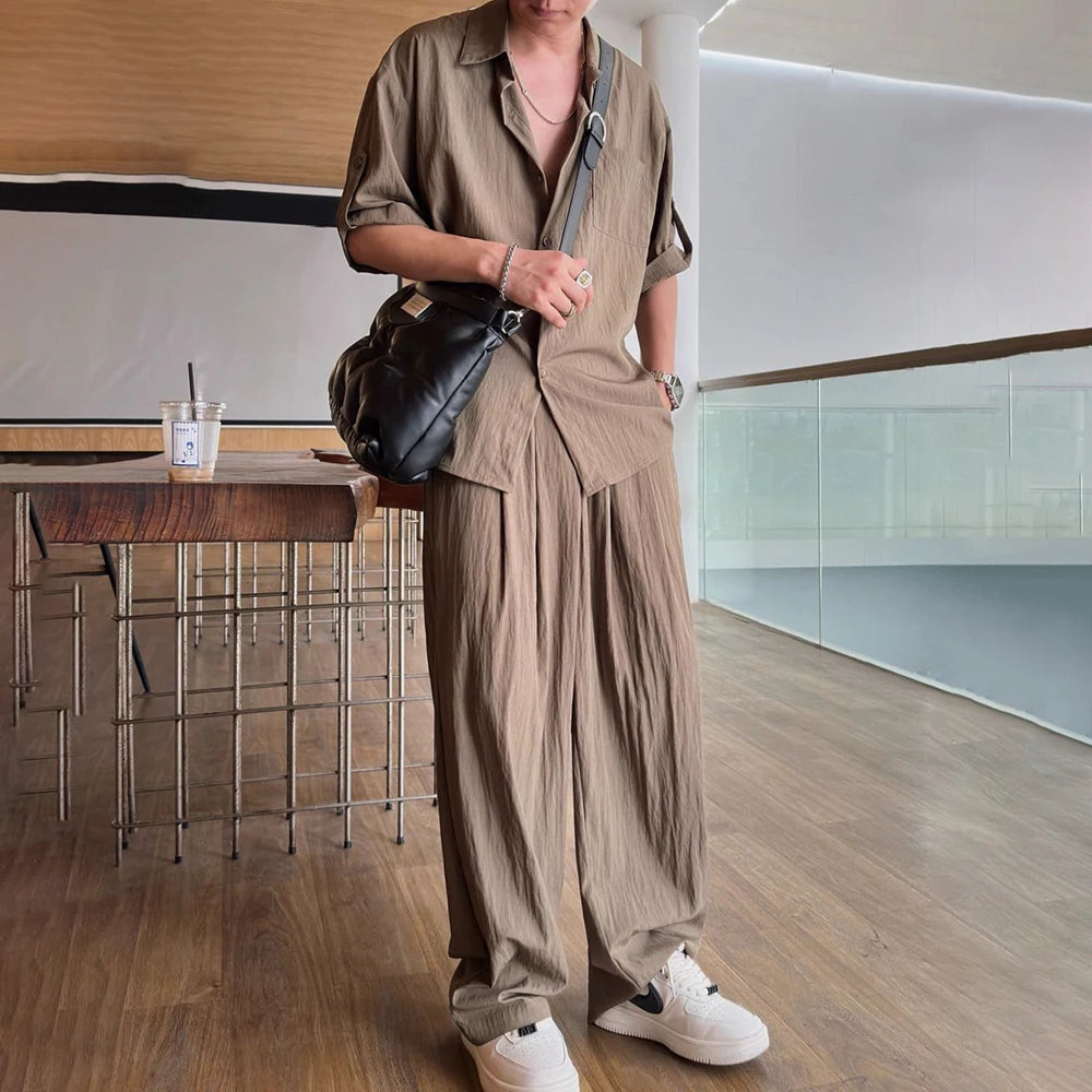 Comprar dark-brown Mens Casual Light Shirt Wide Leg Pants 2024 New Genderless Two-Piece Unisex