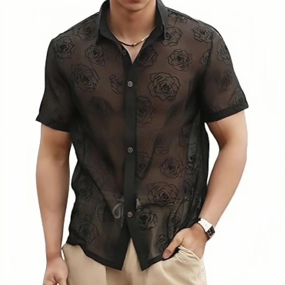 Mens Sexy See-Through Lace Rose Short-Sleeved Shirt