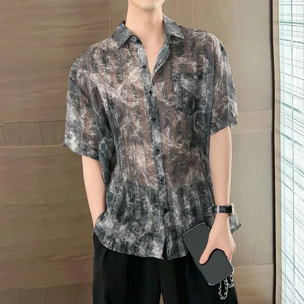 Comprar black Men Striped See-Through Tie-Dye Mesh Short-Sleeve Casual Shirt