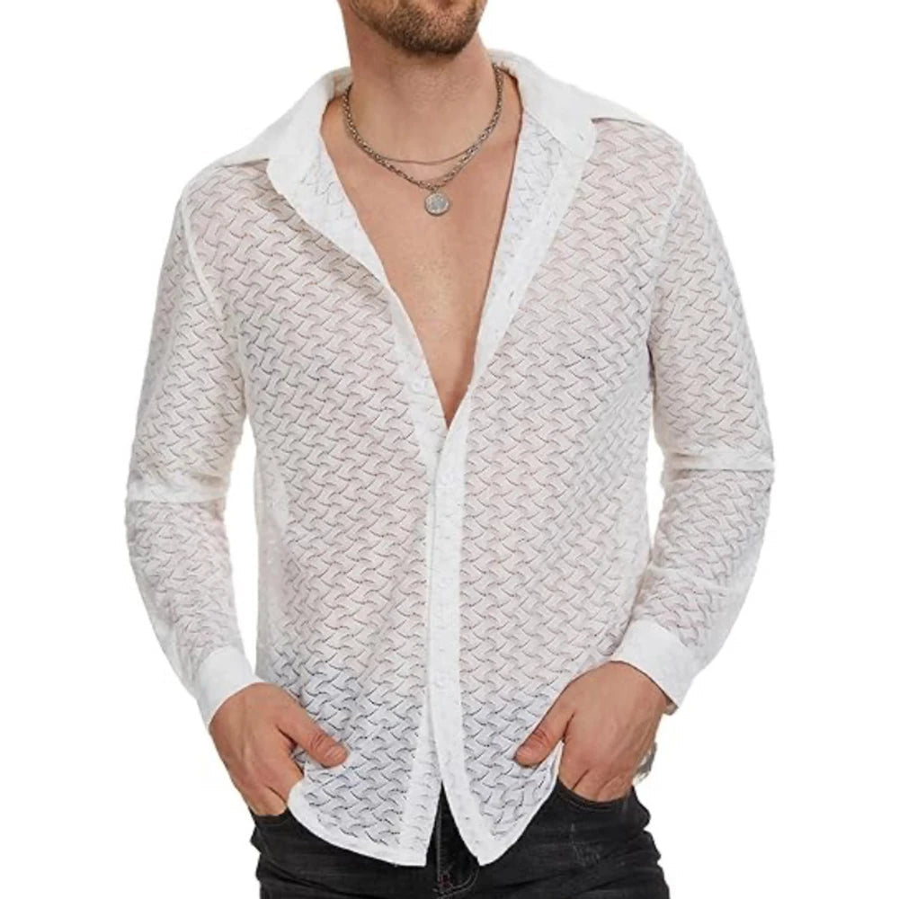 Comprar white Mens Sexy See-Through Casual Long-Sleeved Shirt