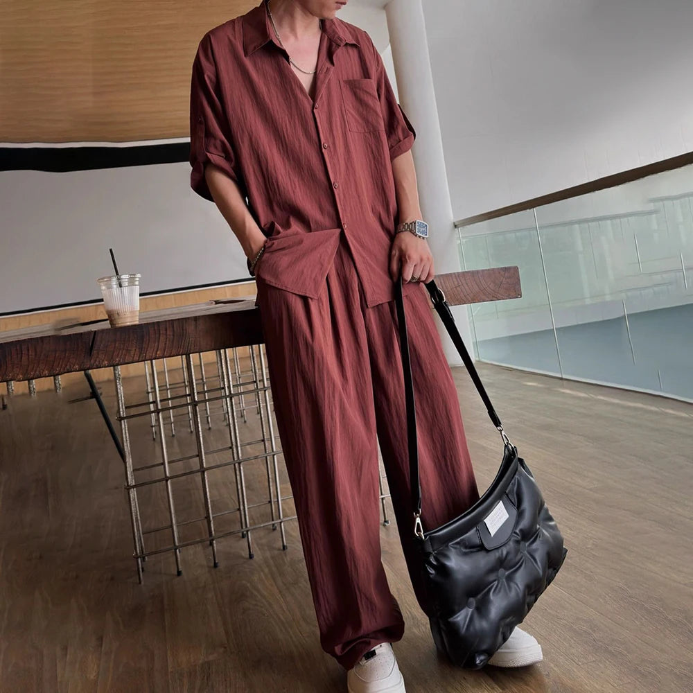 Comprar claret Mens Casual Light Shirt Wide Leg Pants 2024 New Genderless Two-Piece Unisex