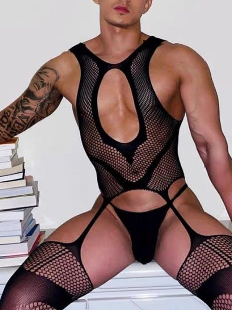 Mens Black Stockings High Tube Mesh Sexy Jumpsuit