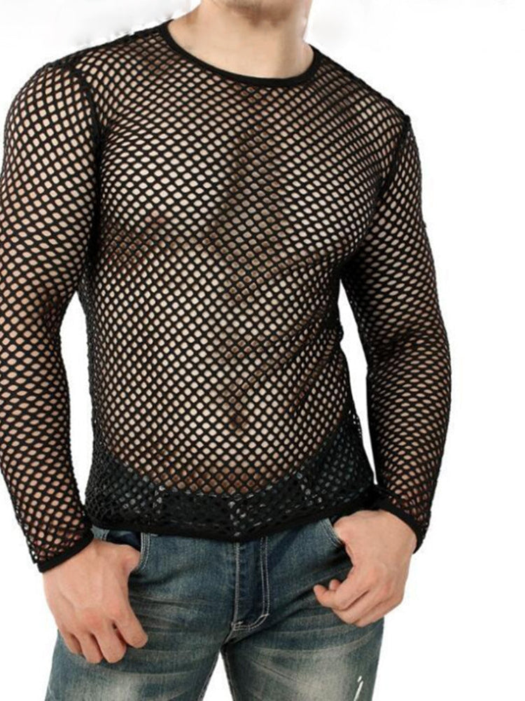 Comprar black Men&#39;s Sheer Mesh Long Sleeve Sexy Top