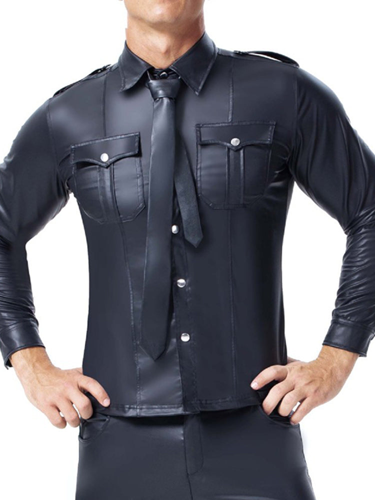 Mens Pocket Leather Long Sleeved Shirt