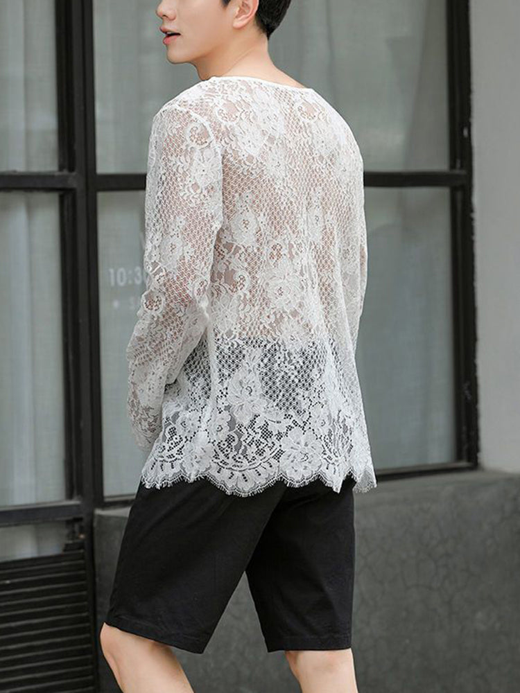 Men's solid color hollow see through sexy lace T-shirt