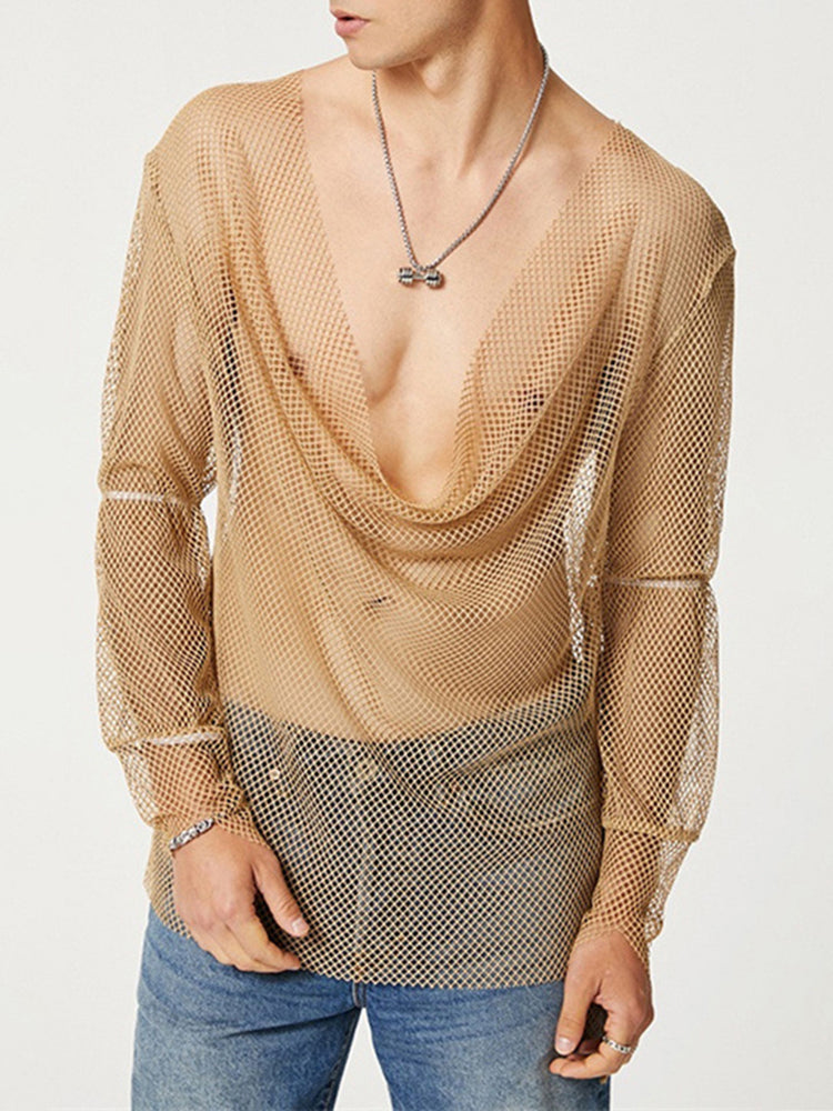 Mens Sexy See-Through Mesh  Low-Cut  Long-Sleeve