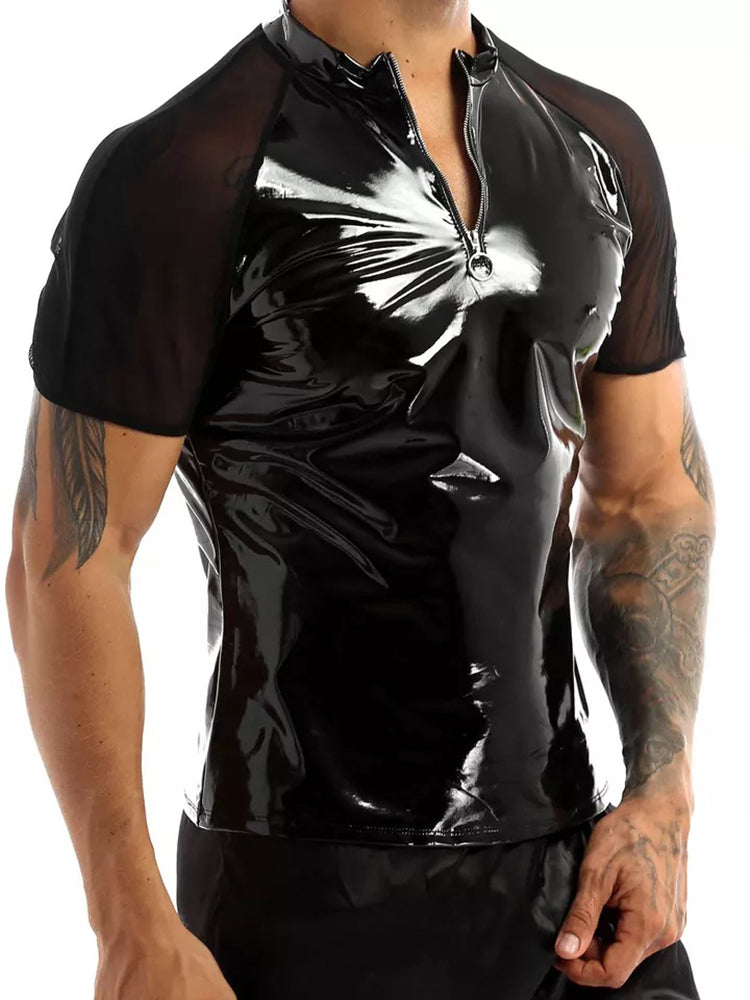 Men's Sexy Glossy PVC Leather See-Through Shirt