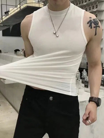 Buy white Men&#39;s Stand Collar Sleeveless Racerback Vest