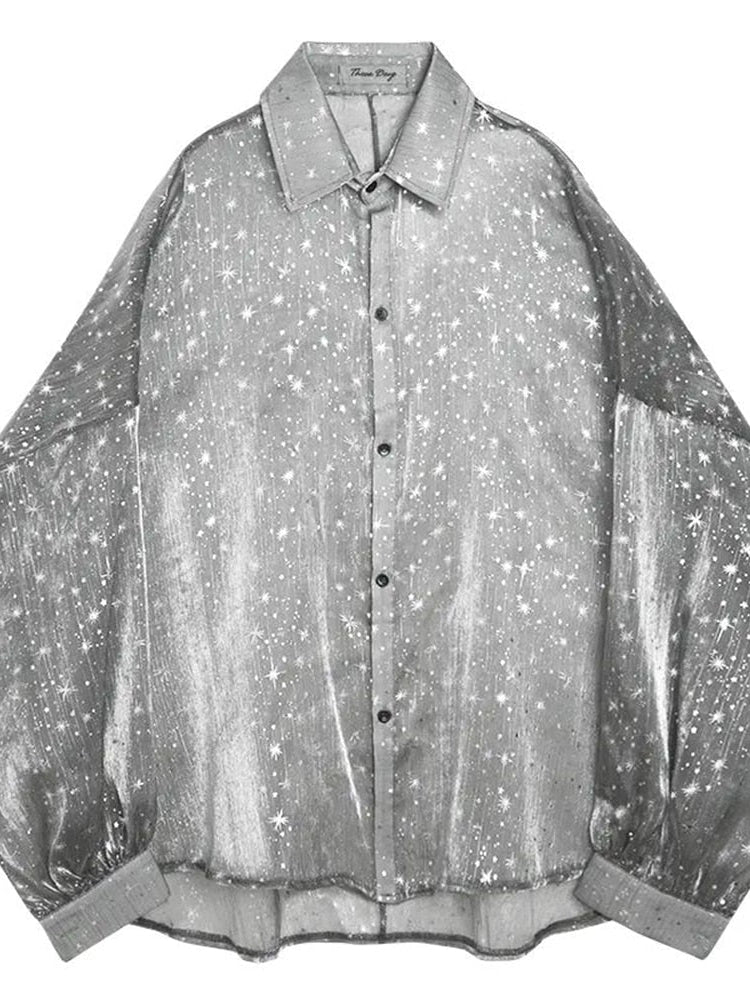 Comprar grey Mens Mesh Sexy Loose Oversized Lapel See-Through Shirt