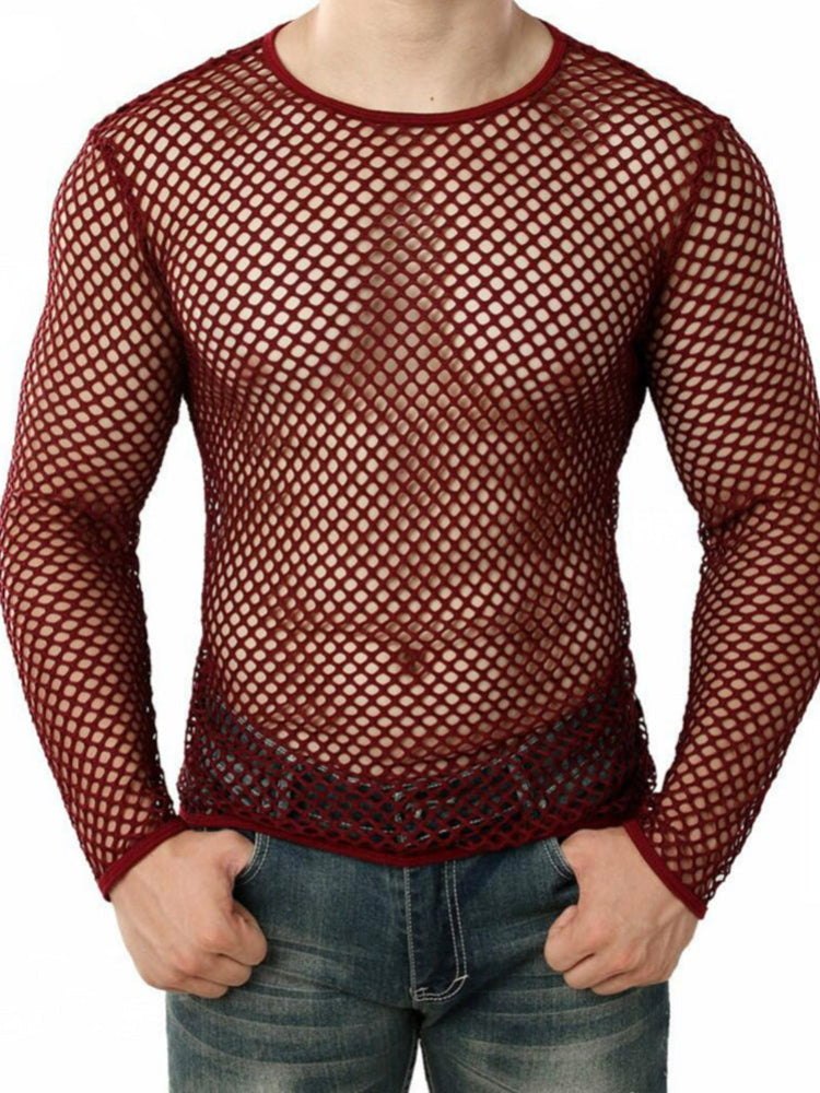 Comprar red Men&#39;s Sheer Mesh Long Sleeve Sexy Top