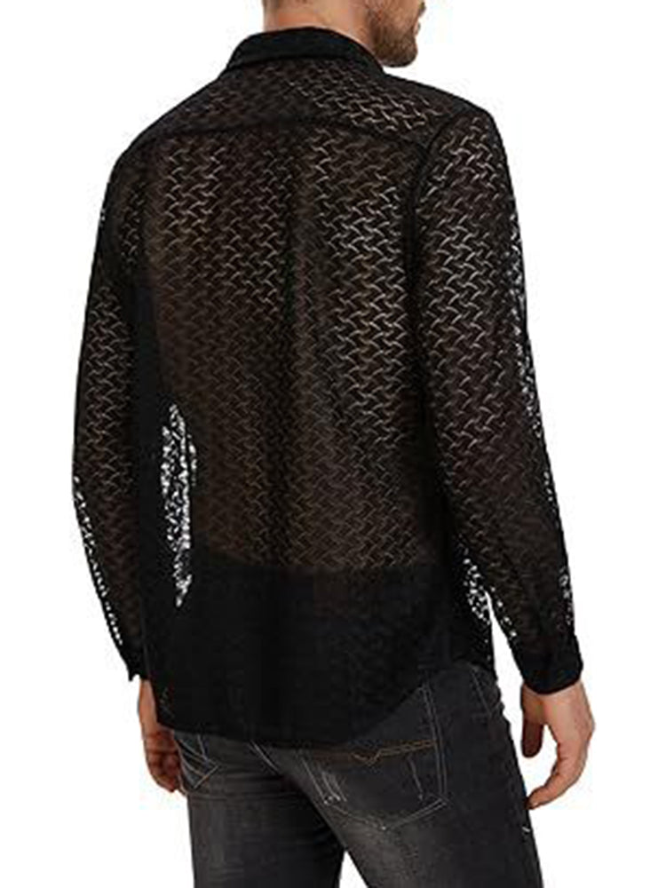 Mens Sexy See-Through Casual Long-Sleeved Shirt