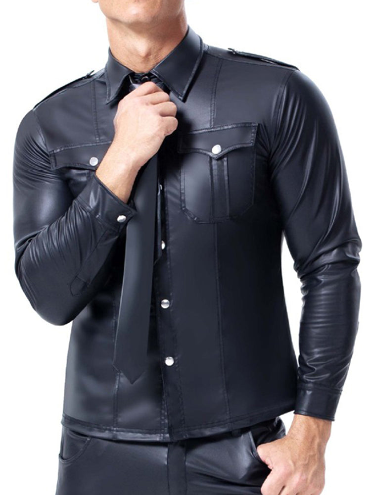 Mens Pocket Leather Long Sleeved Shirt