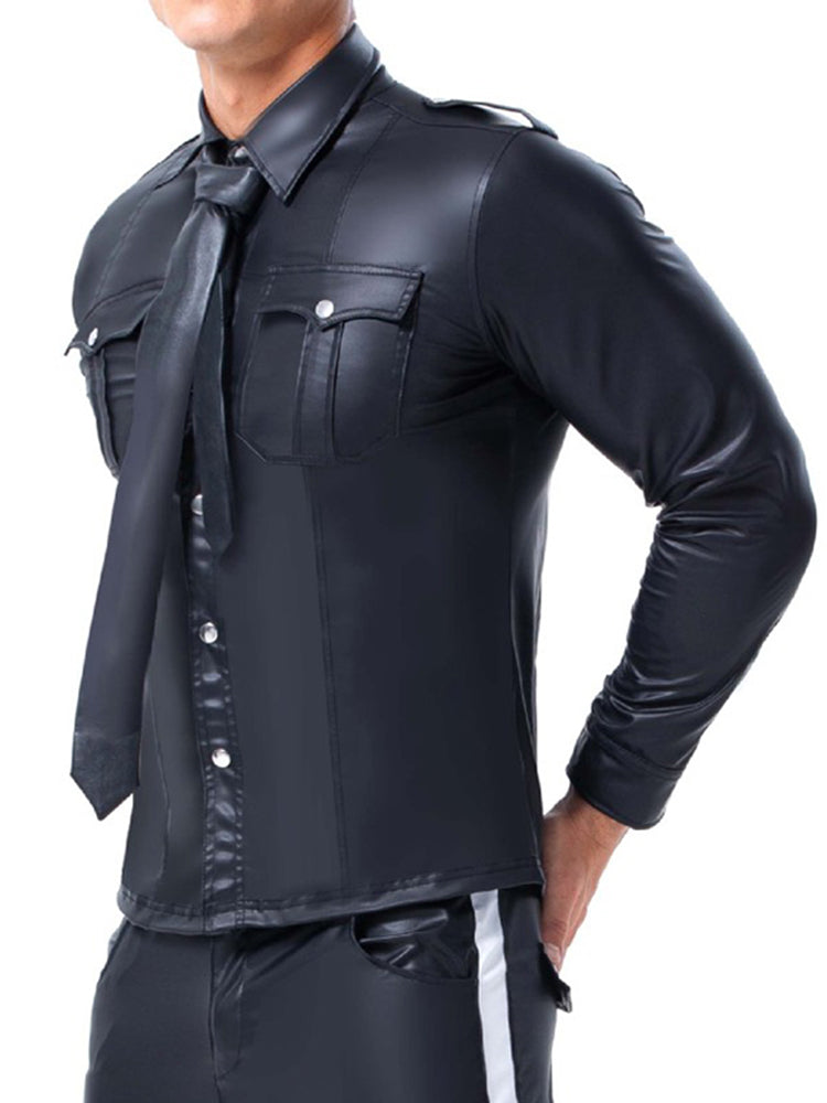 Mens Pocket Leather Long Sleeved Shirt