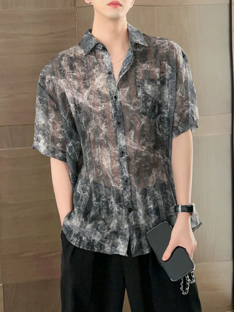 Men Striped See-Through Tie-Dye Mesh Short-Sleeve Casual Shirt