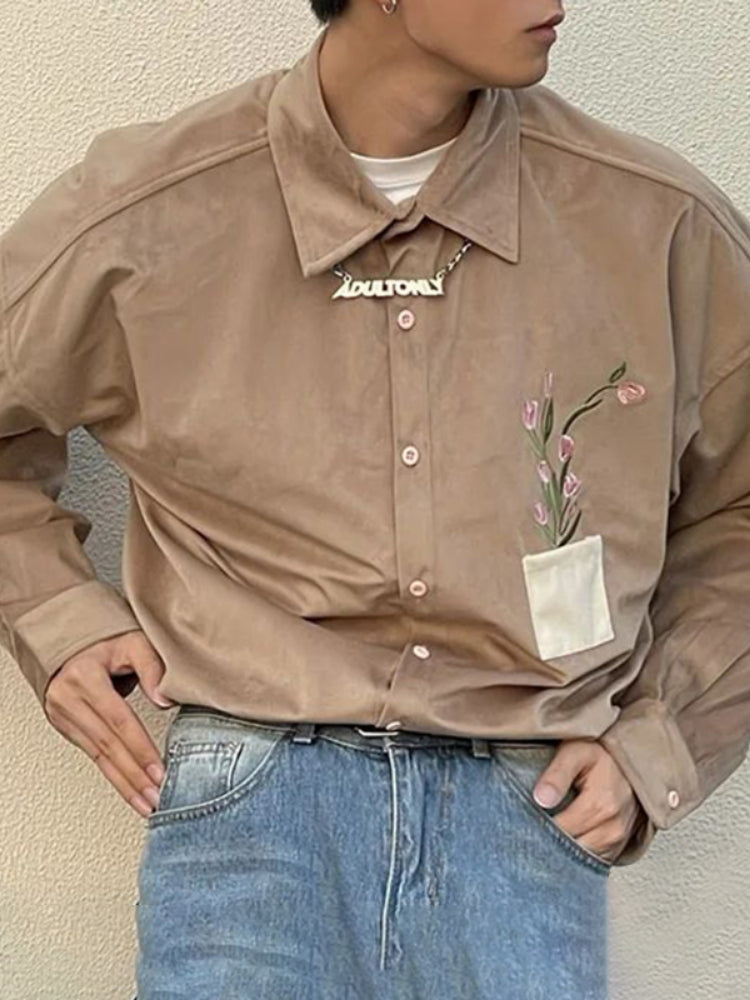 Mens Corduroy Floral Embroidered Long-Sleeved Shirt 2024 New