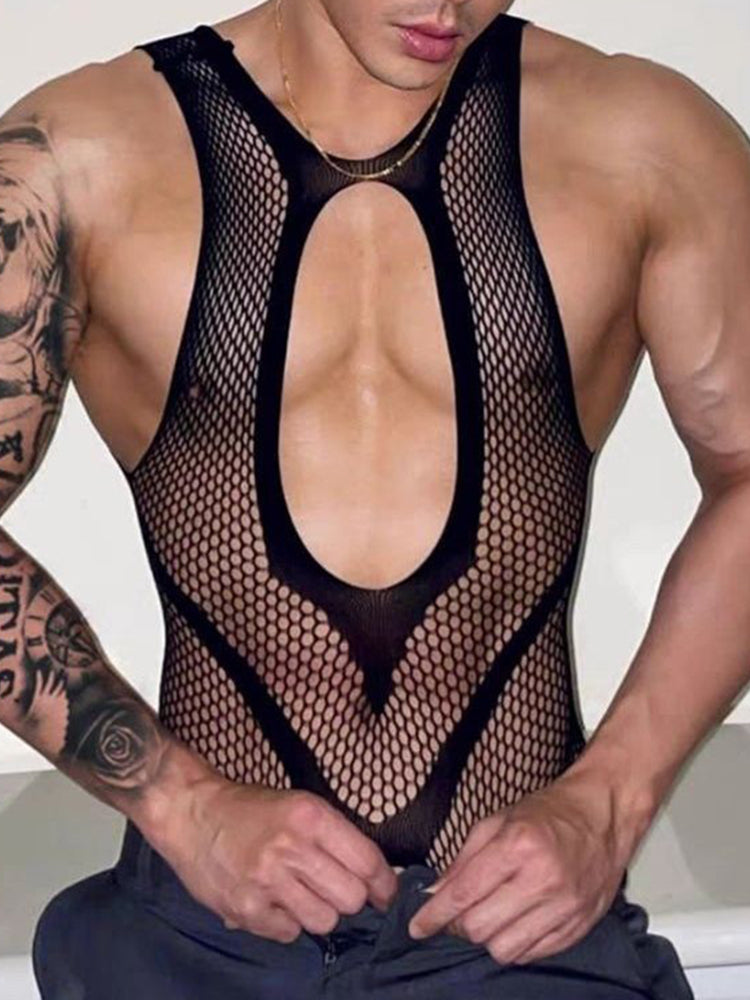 Mens Black Stockings High Tube Mesh Sexy Jumpsuit