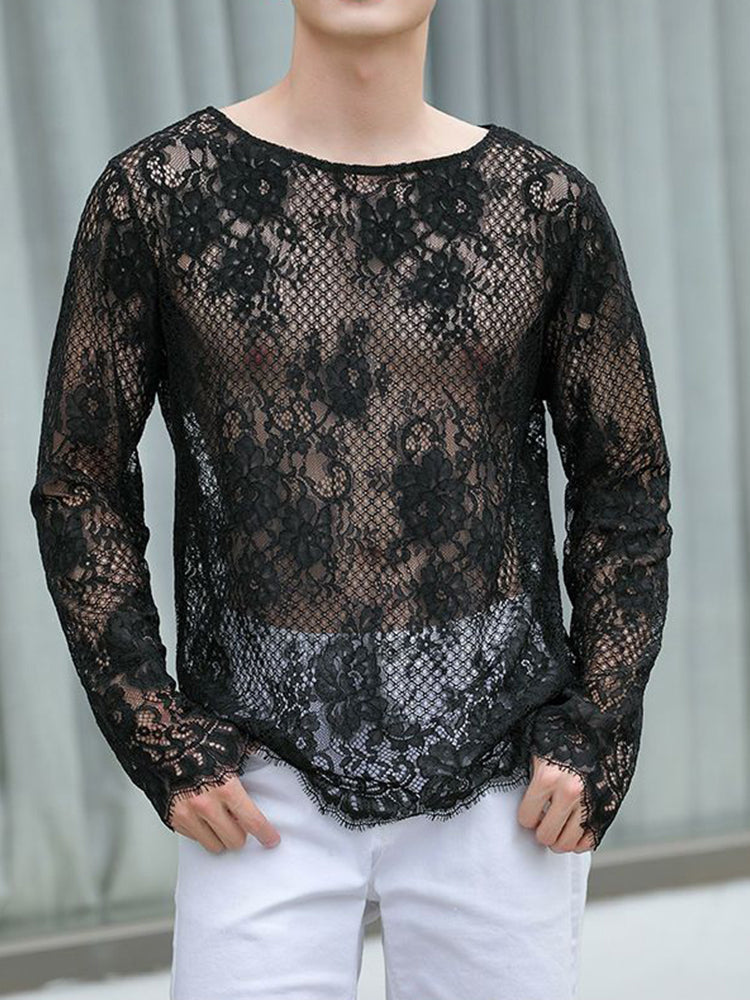 Men's solid color hollow see through sexy lace T-shirt