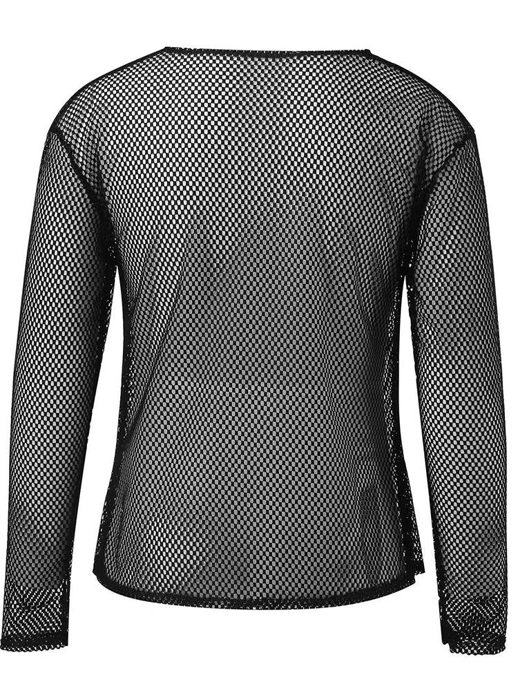 Mens Sexy See-Through Mesh Long-Sleeved Top 2024 New Genderless Nightclub Individuality Youthful Thin Low-Cut T-Shirt Unisex