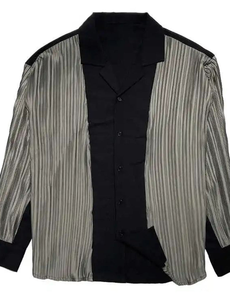 Mens Patchwork Contrasting Pleated  Genderless Long-Sleeved Shirt