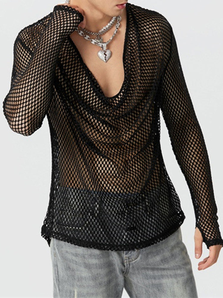 Mens Sexy See-Through Mesh Long-Sleeved Top 2024 New Genderless Nightclub Individuality Youthful Thin Low-Cut T-Shirt Unisex