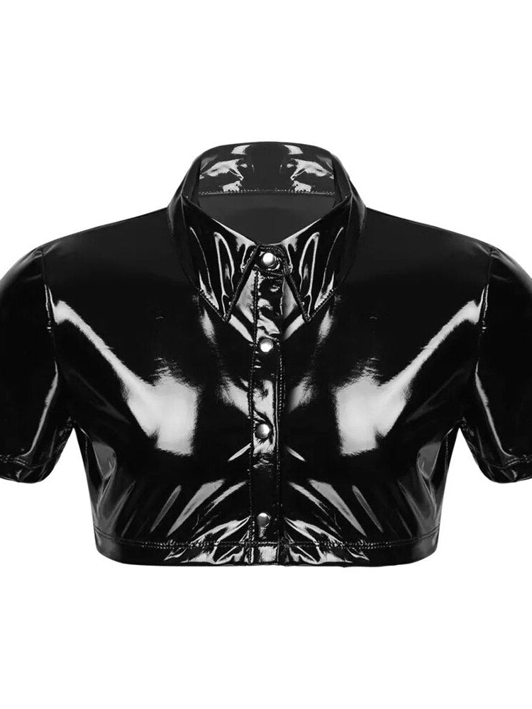 Men's Sexy Smooth Leather Short Sleeve Shirt